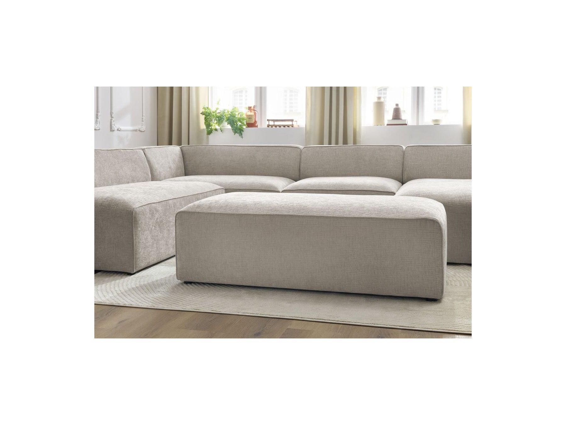 Fixed Panoramic Sofa - Megeve - With Pouffe - Textured Fabric - Right-Hand Corner