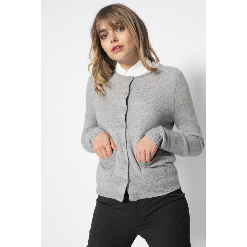 Perfect Cashmere - Cardigan Col Rond Slim Amy Gris Chine, 100% Cachemire, 2 Fils, Jersey - Femme