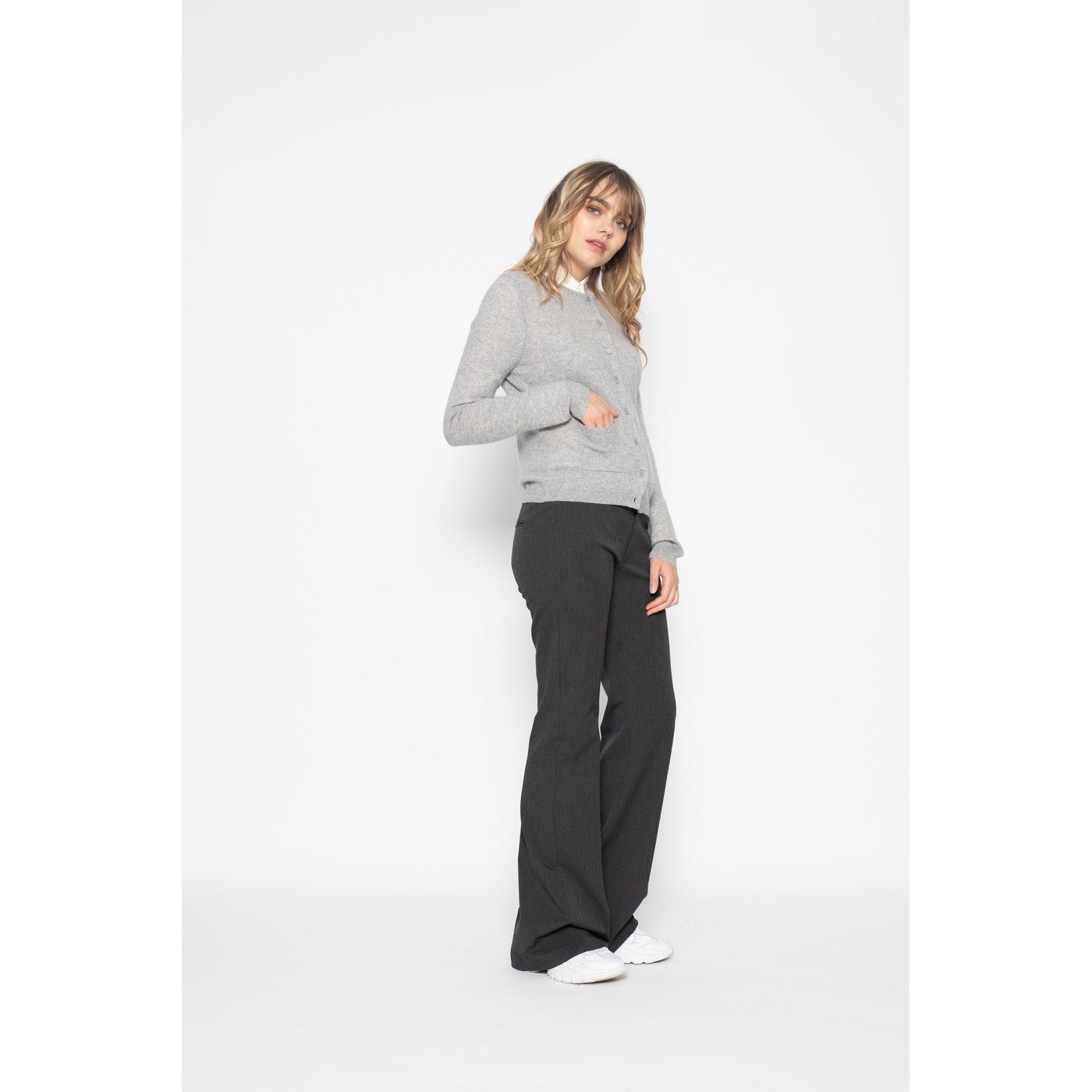 Perfect Cashmere - Cardigan de cuello redondo slim Amy gris jaspeado, 100% cachemira, 2 hilos, punto jersey - Mujer