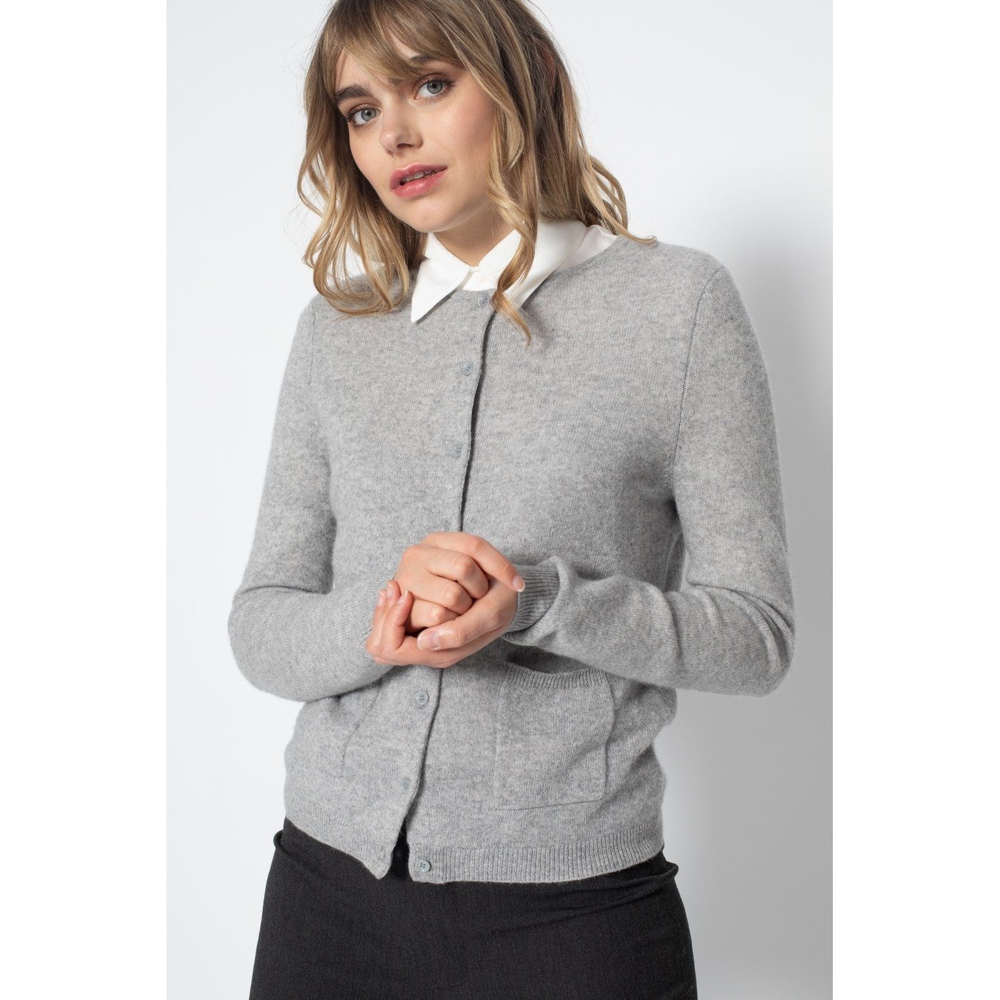 Perfect Cashmere - Cardigan de cuello redondo slim Amy gris jaspeado, 100% cachemira, 2 hilos, punto jersey - Mujer