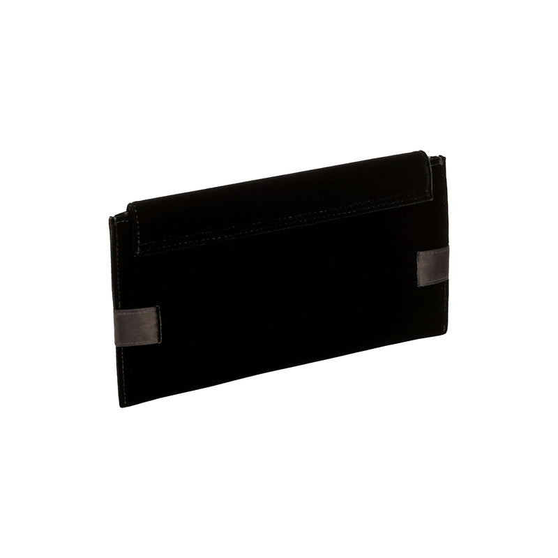 Catena Black Envelope Clutch in velvet with metallic black and antique gold accents, perfect for elegant occasions.