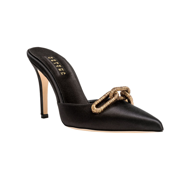 Catena Black High-Heel Mule Pump in satin with antique gold chain embroidery and 90mm heel for elegant comfort.