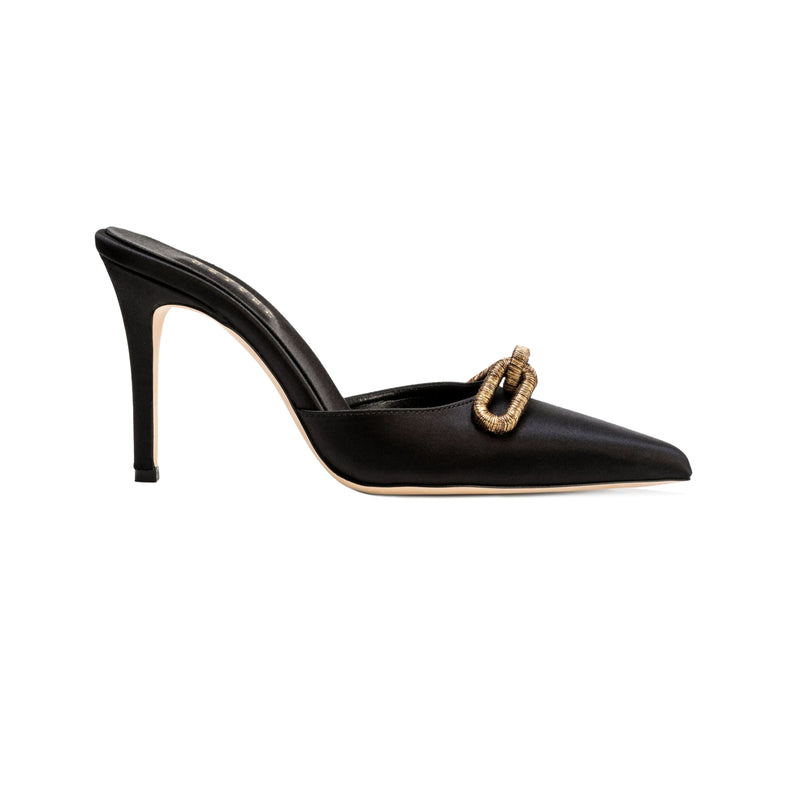 Catena Black High-Heel Mule Pump in sleek black satin with antique gold chain embroidery, 90mm heel for comfort and elegance.