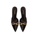 Catena Black High-Heel Mule Pump in sleek satin with antique gold chain embroidery and pointy toe design.