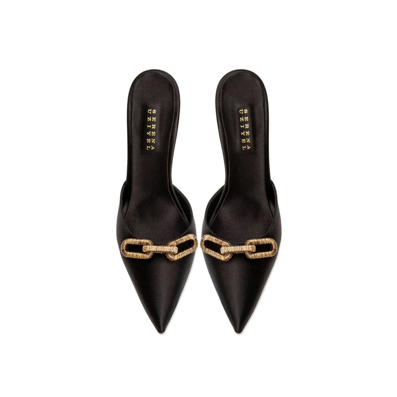 Catena Black High-Heel Mule Pump in sleek satin with antique gold chain embroidery and pointy toe design.
