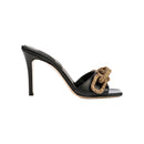 Catena Black High-Heel Sandal crafted from Italian leather with antique gold chain embroidery, featuring a stylish 90mm heel.
