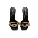 Catena Black High-Heel Sandal featuring gold chain embroidery and a sleek design, handcrafted in Italy.