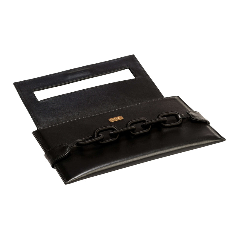 Catena Black Leather Envelope Clutch featuring silk thread chain embroidery and rectangular design, ideal for evening outings.