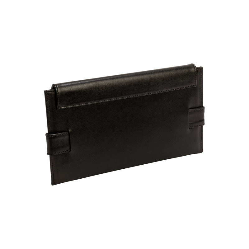 Catena black leather envelope clutch, handcrafted with a sleek rectangular shape and elegant closure for nighttime elegance.