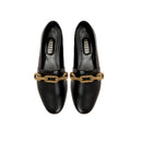 Catena black leather flat loafer with gold chain accent, perfect for stylish and comfortable everyday wear.