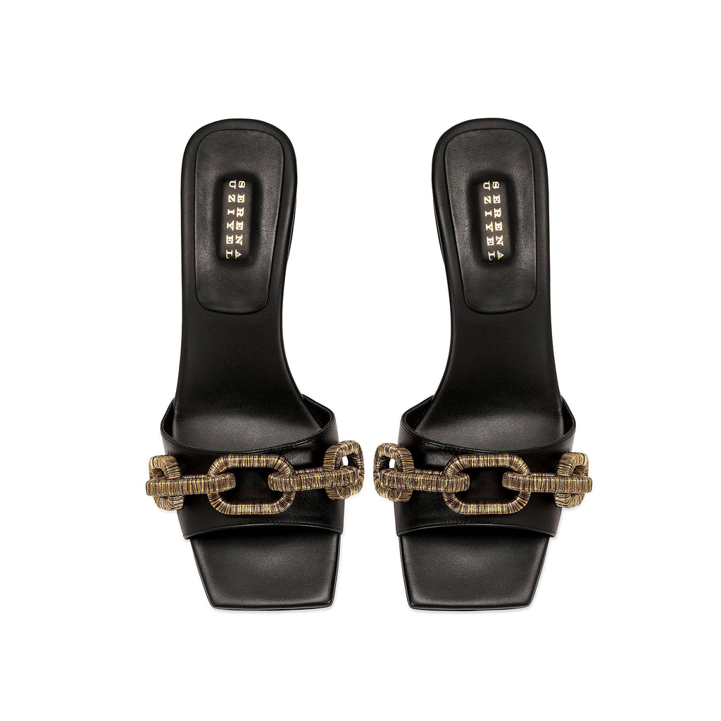 Catena Black Mid-Heel Sandal featuring a gold chain link design, elegantly crafted from Italian leather.