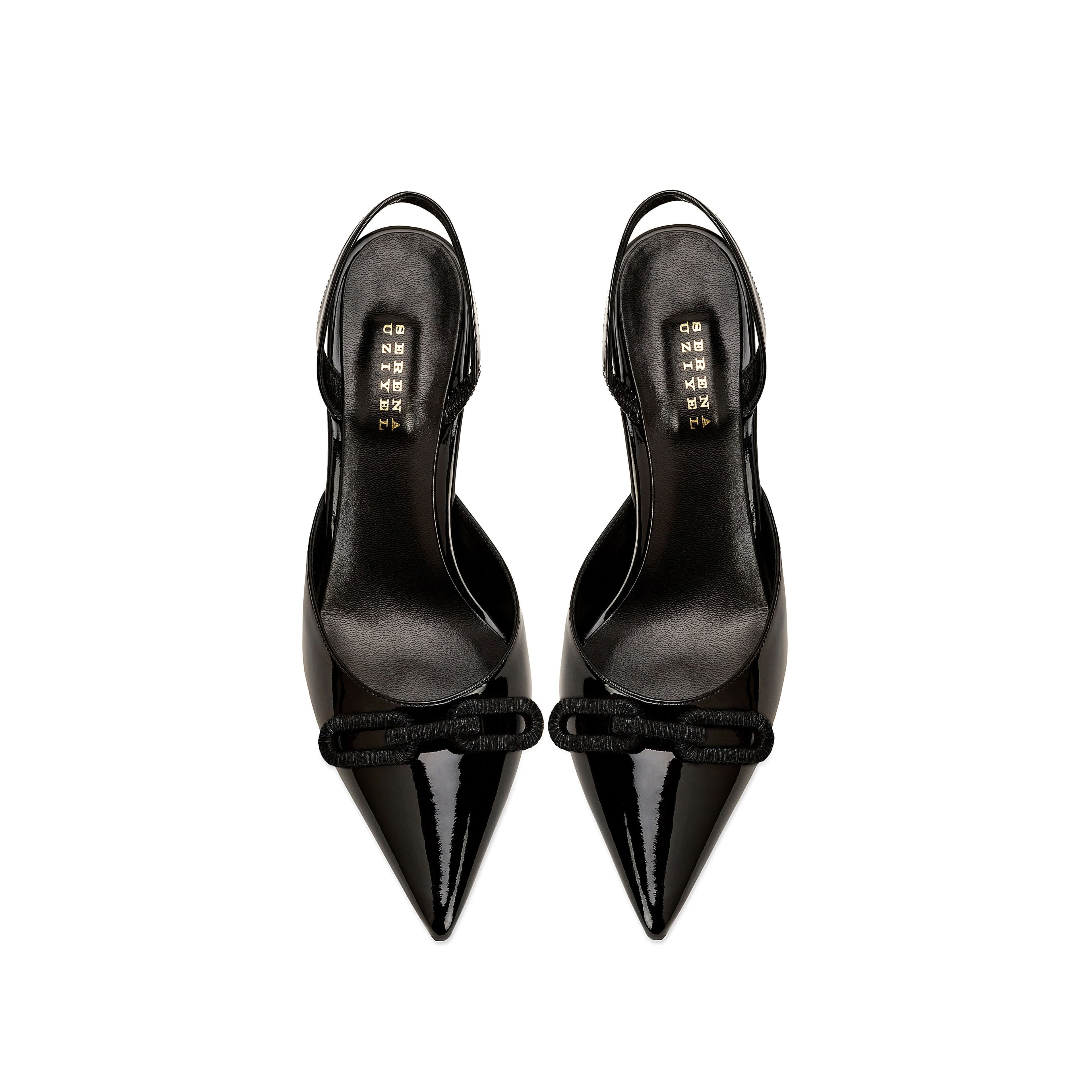 Catena Black Mid-Heel Slingback Pump with glossy patent leather, pointed toe, and chic bowed detail.
