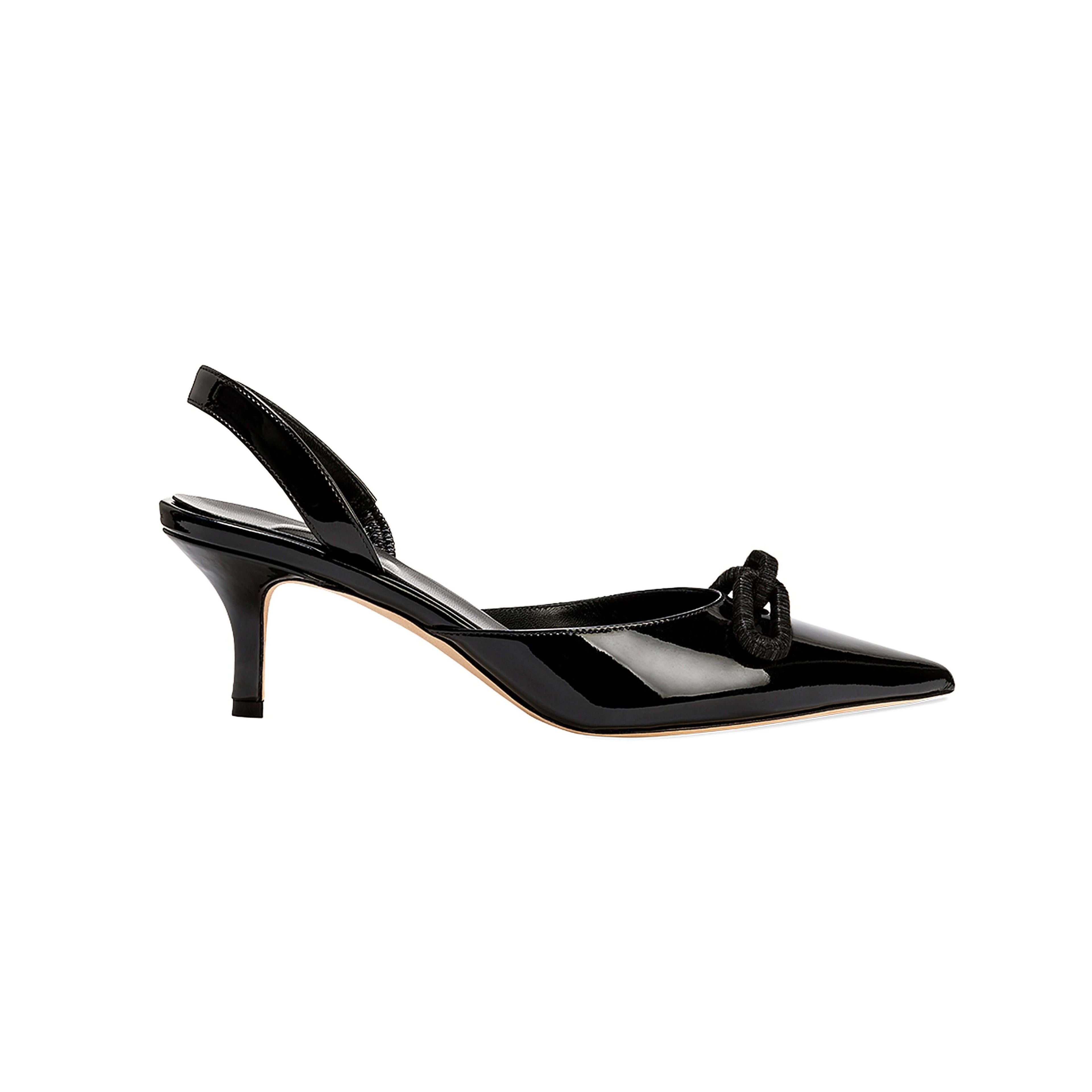 Catena Black Mid-Heel Slingback Pump in glossy patent leather with pointed toe and signature chain link detail.