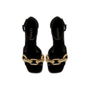 Catena Black Platform Ankle Sandal featuring velvet design and metallic chain embellishments.
