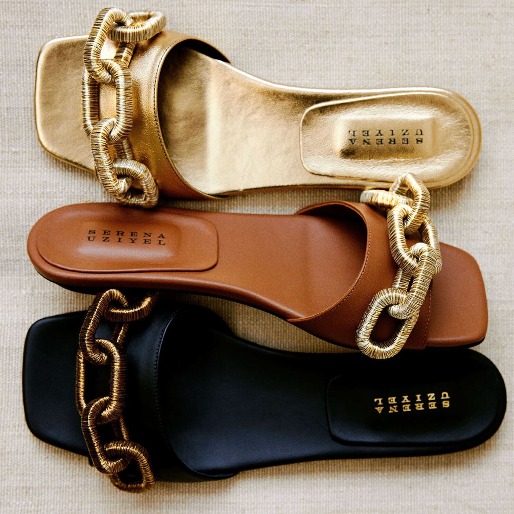 Catena Gold Flat Sandal featuring luxurious Italian leather with antique gold and silver chain embroidery in three stylish colors.