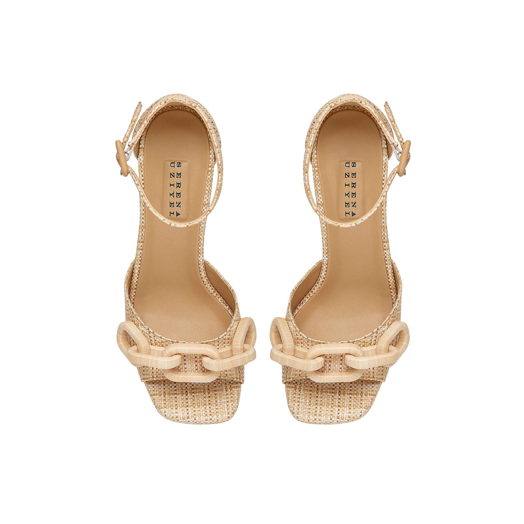 Top view of Catena Legno Platform Ankle Sandal in natural raffia with chunky platform and wrapped chain embellishments.