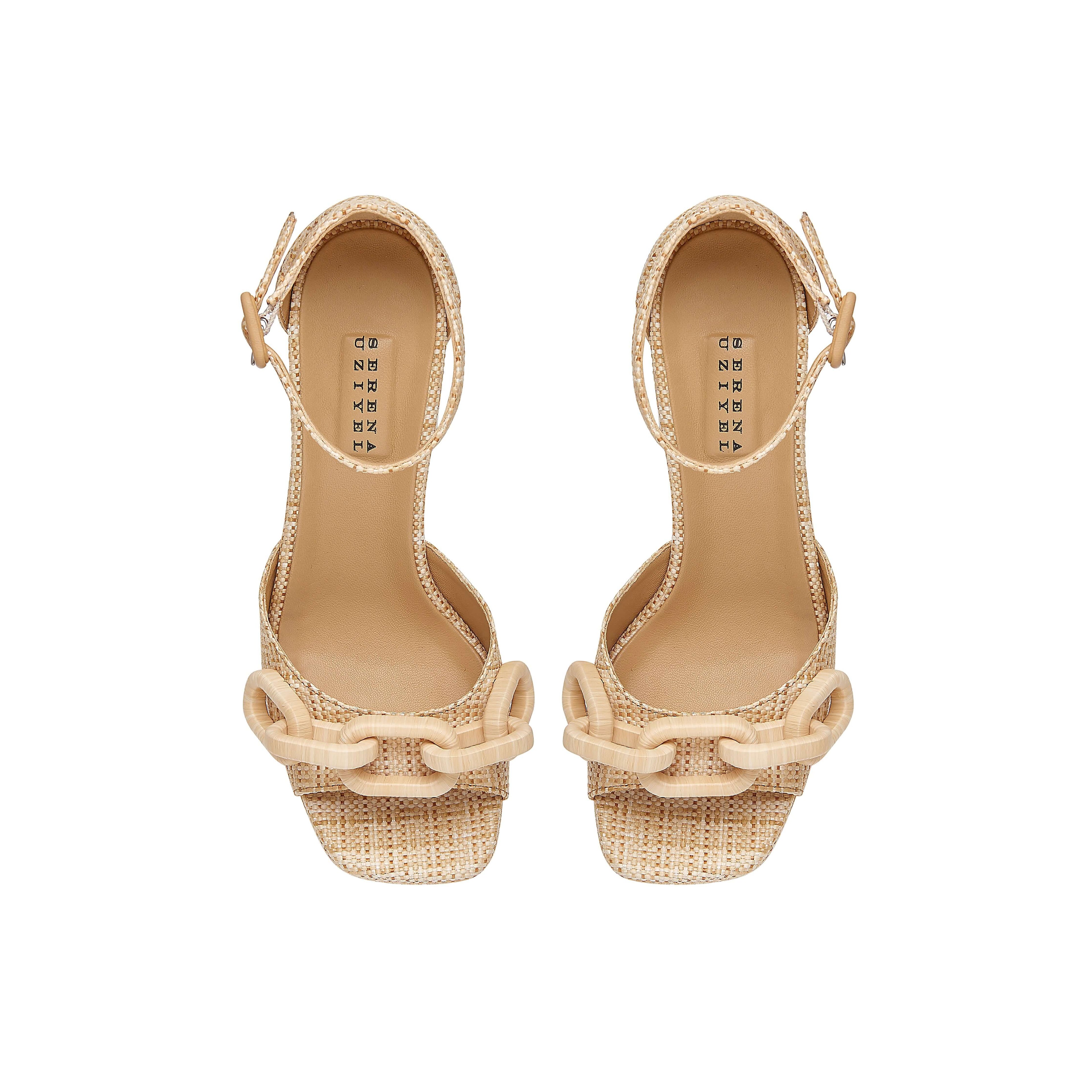 Top view of Catena Legno Platform Ankle Sandal in natural raffia with chunky platform and wrapped chain embellishments.