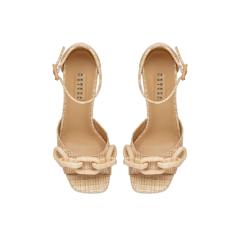 Top view of Catena Legno Platform Ankle Sandal in natural raffia with chunky platform and wrapped chain embellishments.