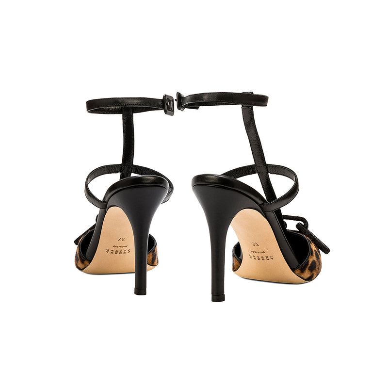Catena Leopard high-heel ankle strap mule pump, featuring a sleek design with haircalf and leather materials.