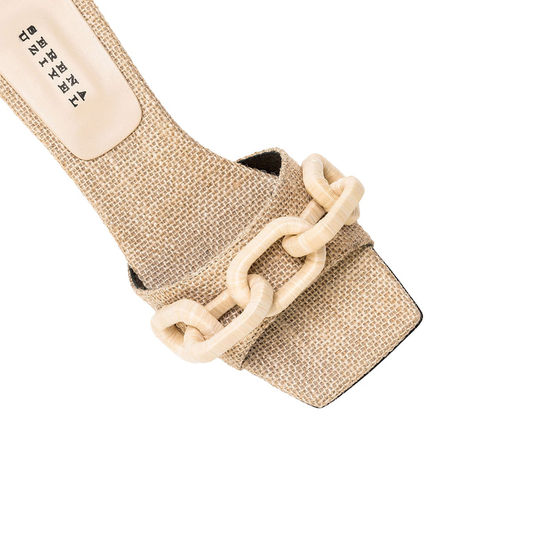 Catena Natural Mid-Heel Sandal in beige linen with decorative chain link design across the toe strap.