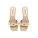 Catena Natural Mid-Heel Sandal featuring a chic chain link design in fine linen, perfect for elegant outfits.