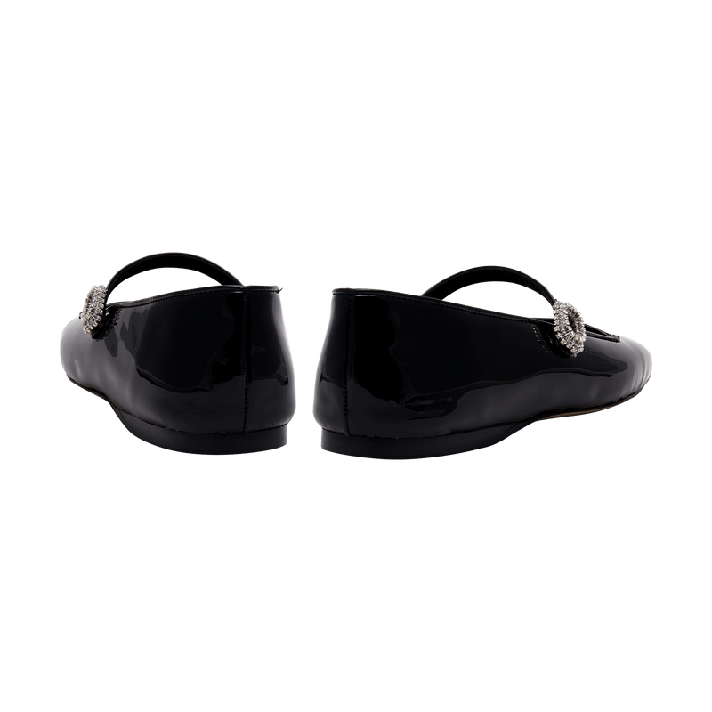 Catena Notte Black & Glam Flat Ballerina shoes featuring a glossy finish and sparkling buckle detail.