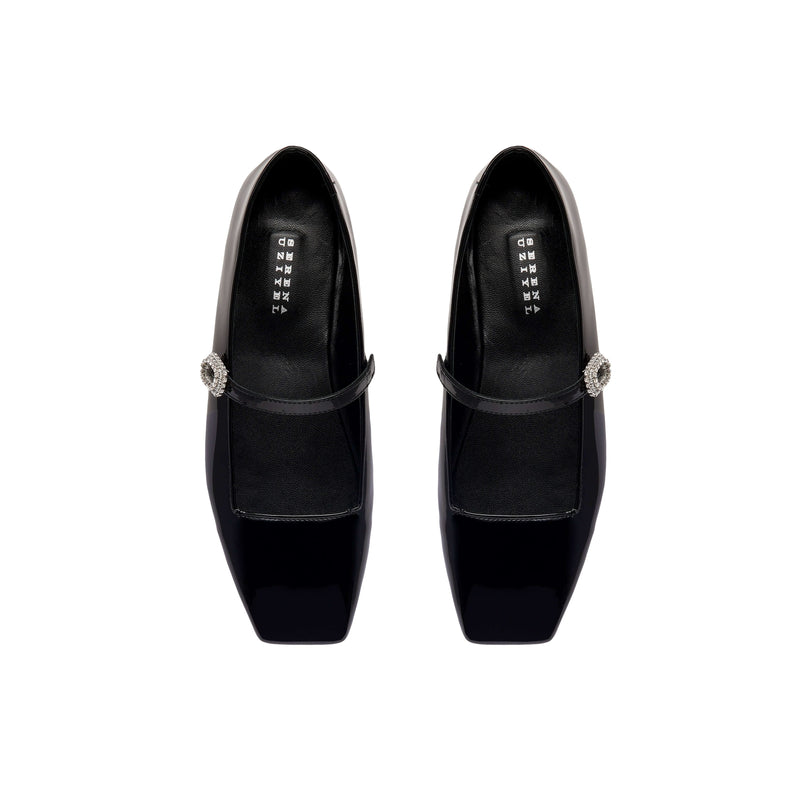 Catena Notte Black & Glam Flat Ballerina shoes in glossy patent leather with a squared toe and crystal-accented strap.