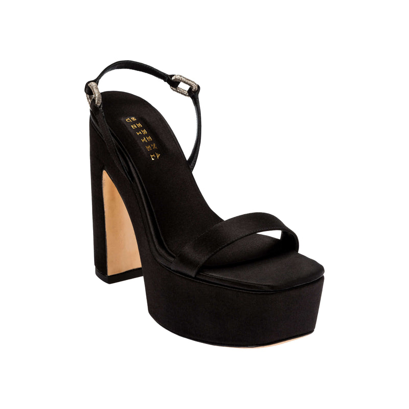 Catena Notte Black Platform Slingback Sandal in silk satin with metallic chain detail and 120mm heel, made in Italy.