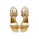Elegant Catena Notte Gold high-heel sandals showcasing chain embroidery and cushioned insoles, crafted in Italy.