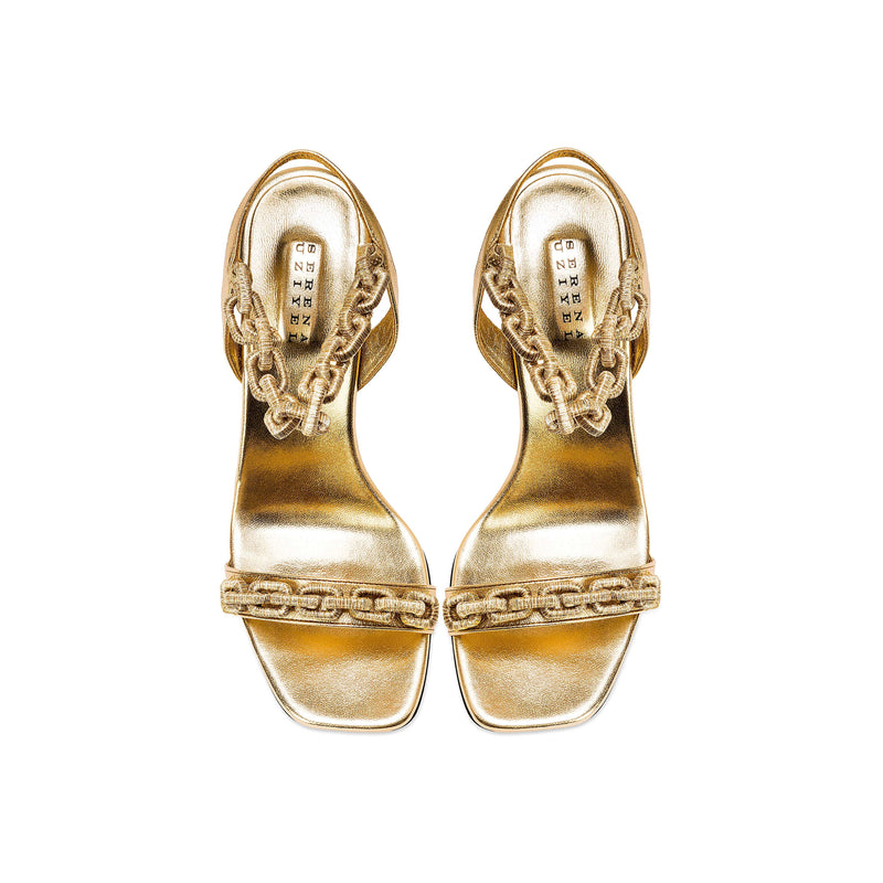 Elegant Catena Notte Gold high-heel sandals showcasing chain embroidery and cushioned insoles, crafted in Italy.