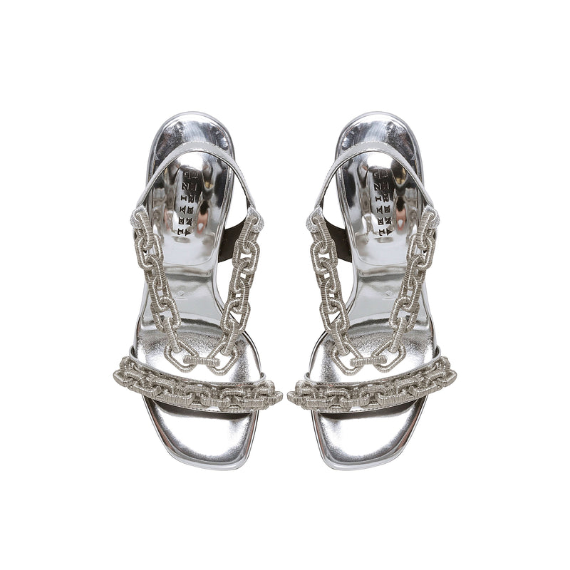 Catena Notte silver high-heel sandals featuring chain embroidery, crafted in Italy with a cushioned insole for comfort.