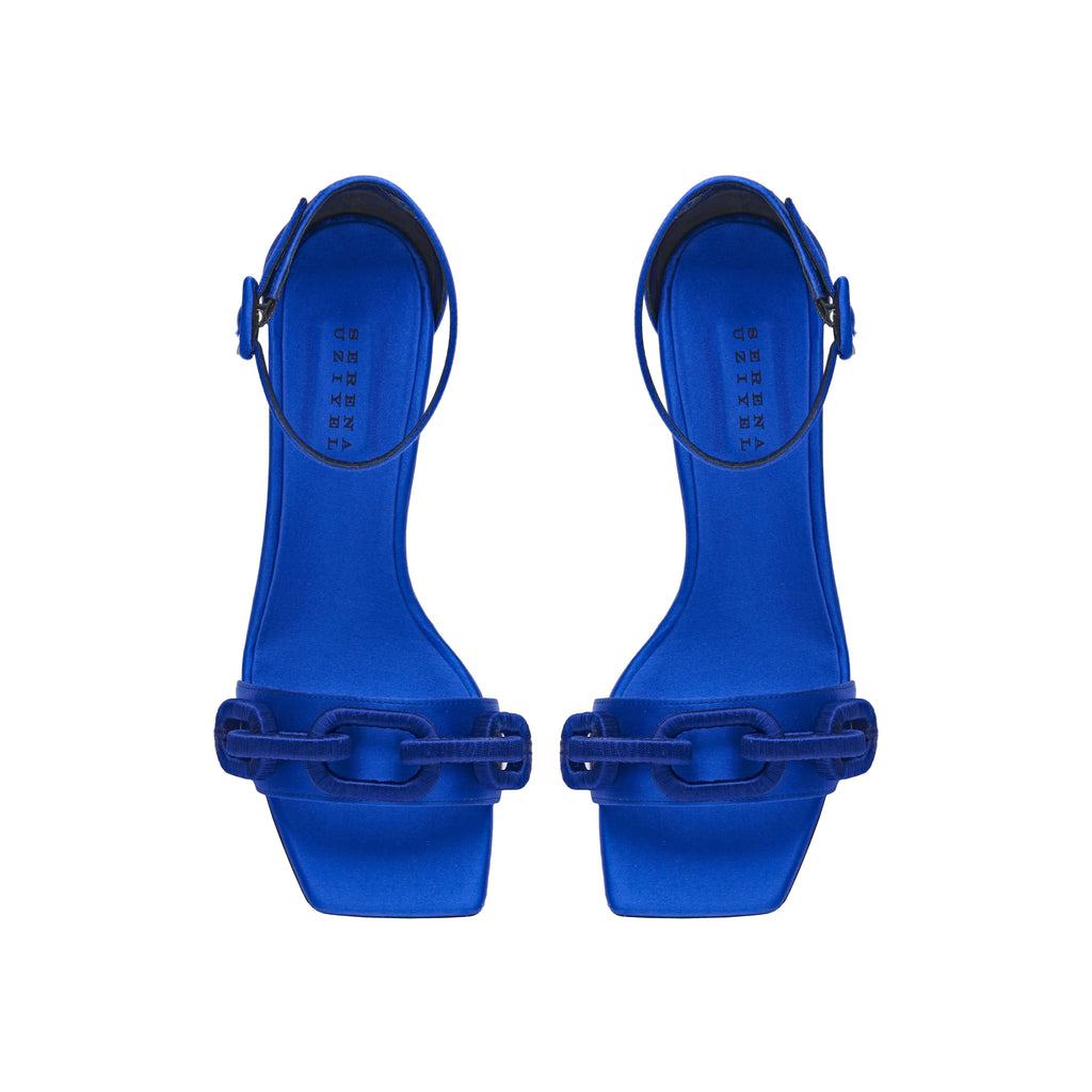 Top view of Catena Sapphire High-Heel Ankle Sandal in lustrous blue satin with sculptural chain link embellishments.