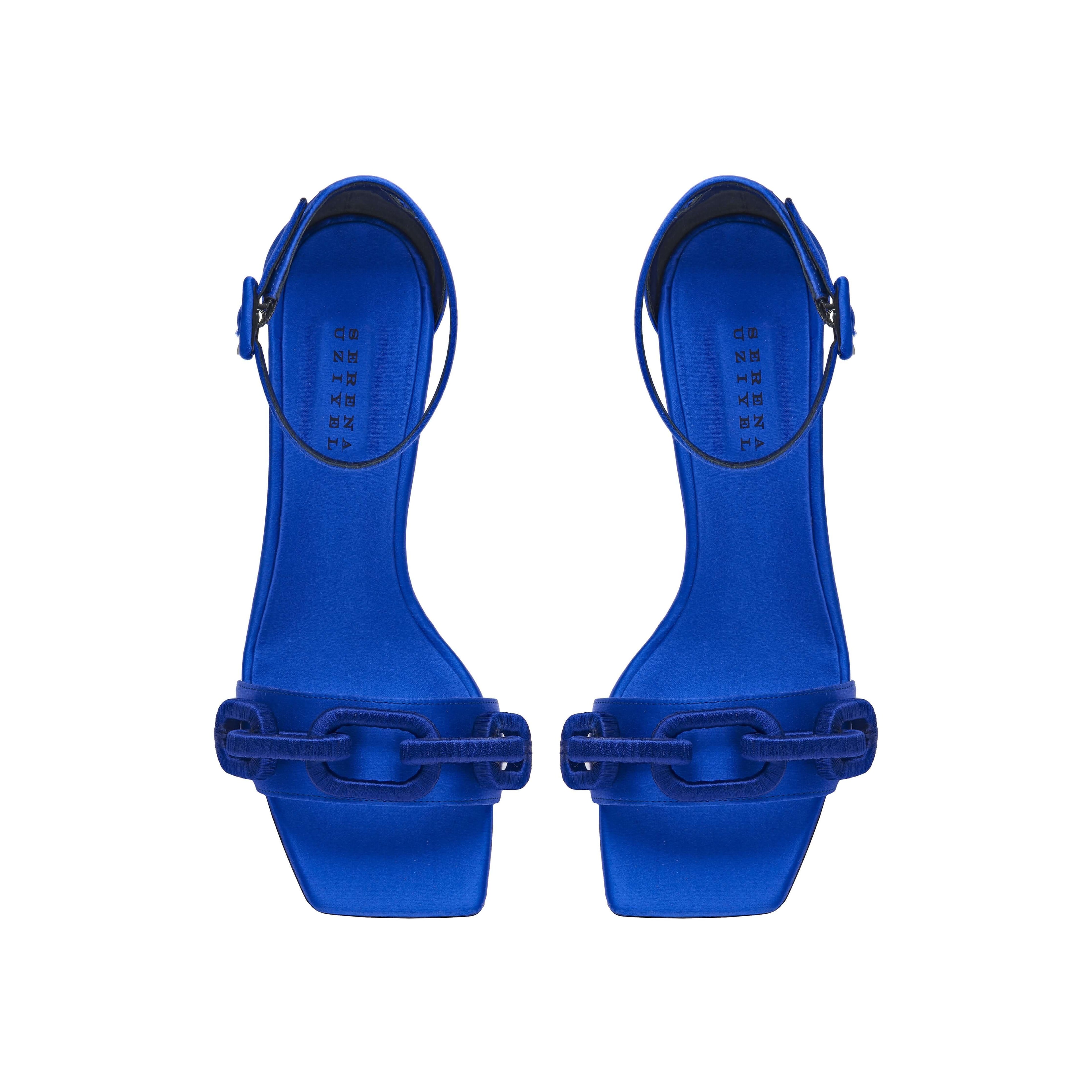 Top view of Catena Sapphire High-Heel Ankle Sandal in lustrous blue satin with sculptural chain link embellishments.
