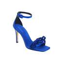Catena Sapphire high-heel ankle sandal in vibrant blue satin with sculptural chain link design.