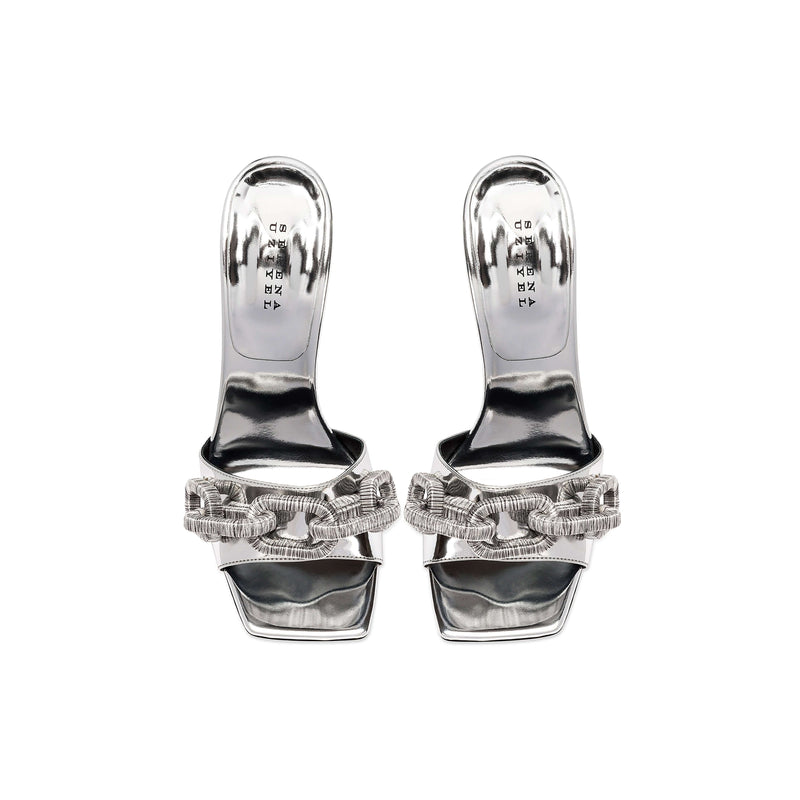 Catena Silver High-Heel Sandal featuring metallic chain embroidery and a stylish 90mm heel, handcrafted in Italy.