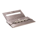 Catena Smoke Envelope Clutch in smoke satin with antique silver chain embroidery, perfect for evening elegance.