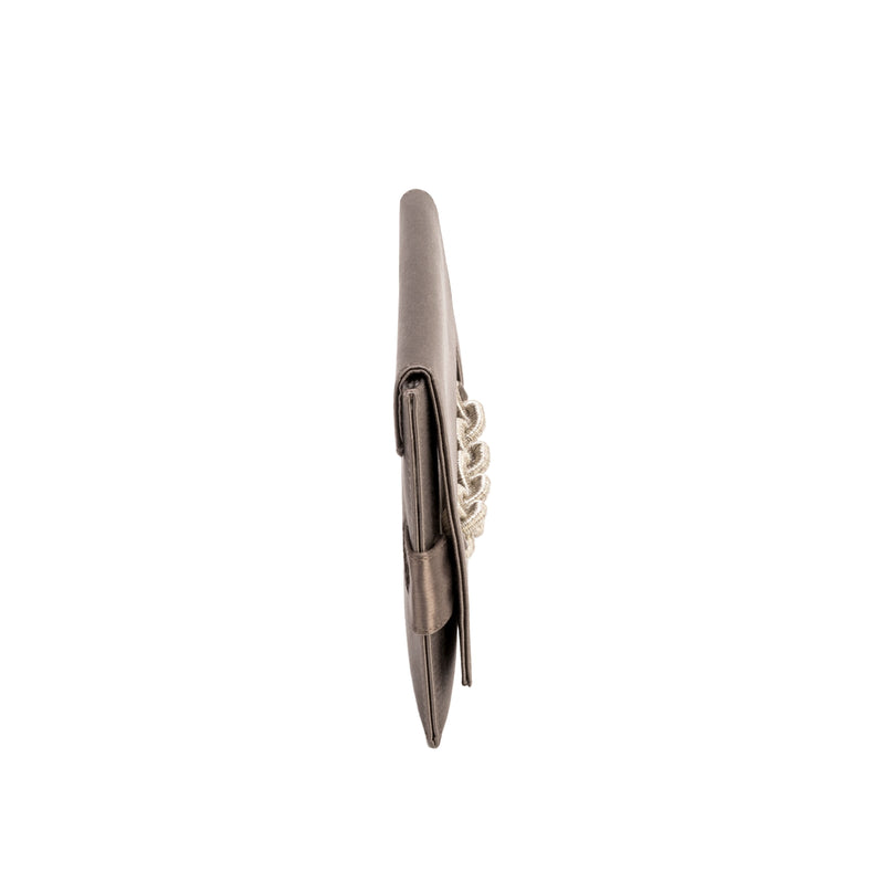 Side view of the Catena Smoke Envelope Clutch in smoke silk satin with antique silver chain embroidery.