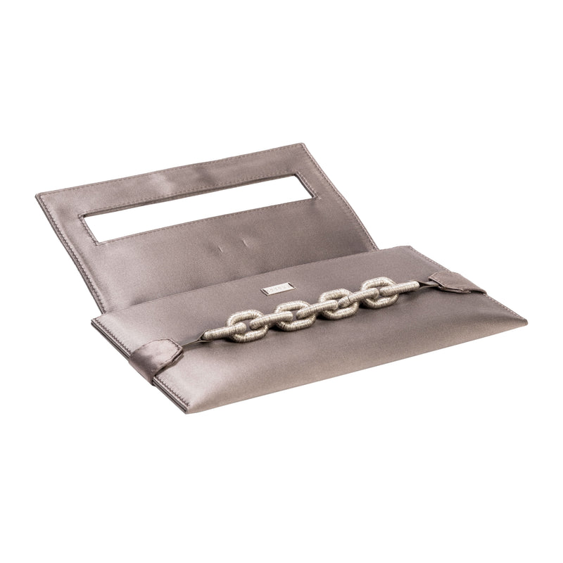 Catena Smoke Envelope Clutch in smoke satin with antique silver chain embroidery, perfect for evening elegance.