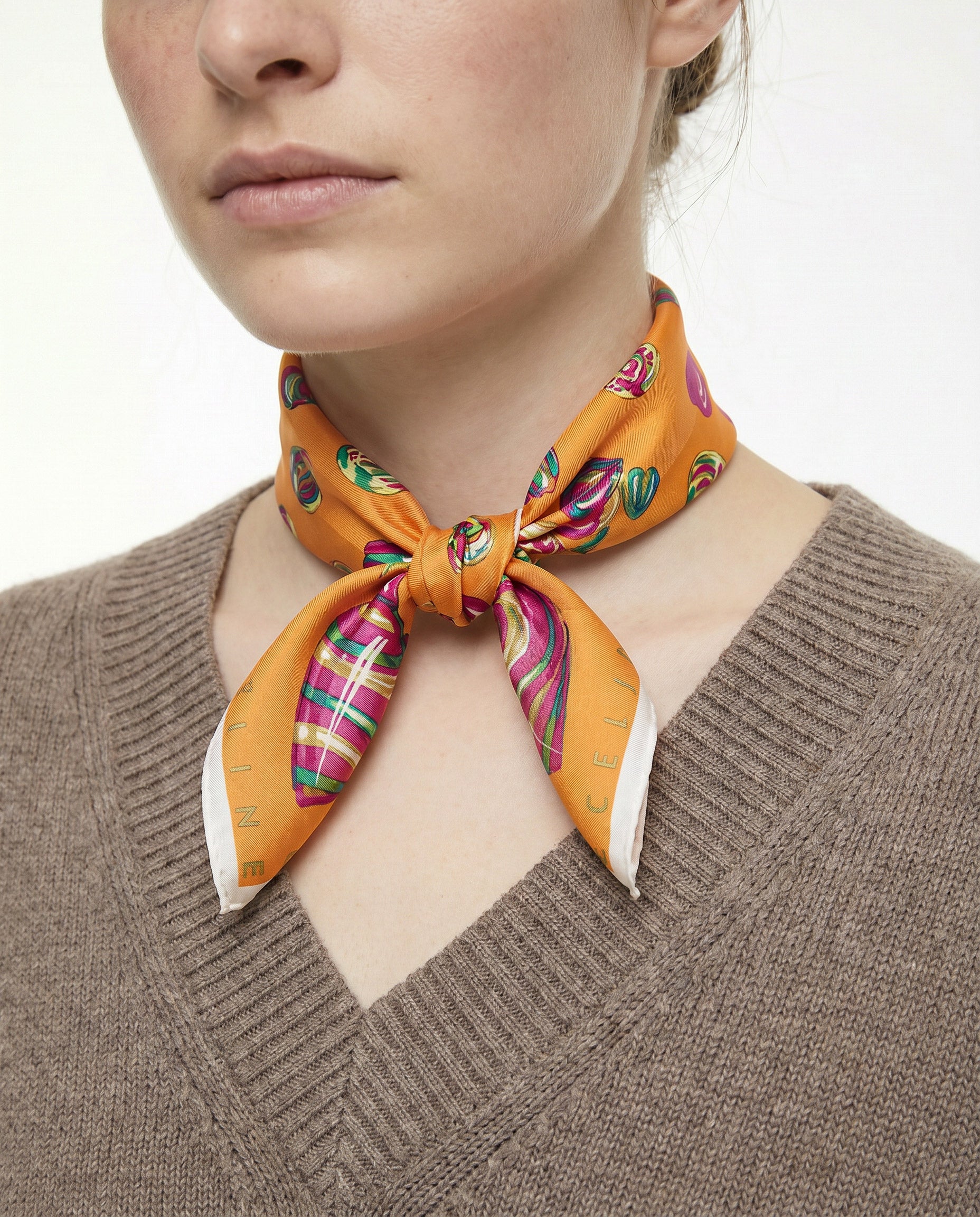 Vintage Céline Orange Bandana Scarf with Multicoloured Hearts and Rings Pattern