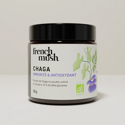 French Mush compléments alimentaires à base d'extraits de champignons médicinaux biologiques fabriqués en France Le Chaga Bio - poudre -