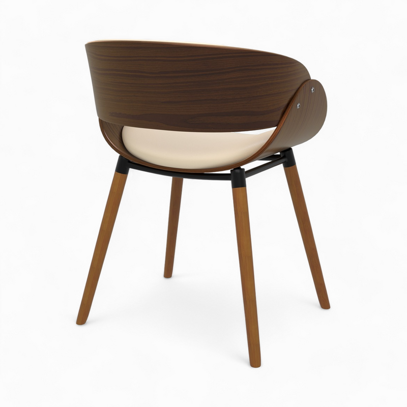 chaise beige cuir synthetique et pieds en bois plaque noyer