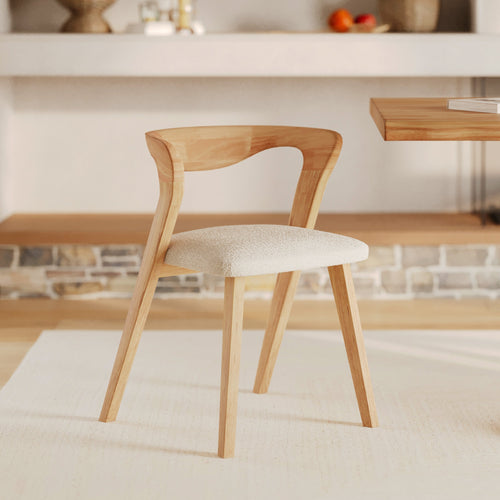 chaise bois marron clair et assise en tissu boucle creme vega