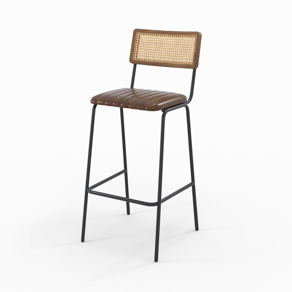 Arsène - Set of 2 Bar Chairs in Canework and Brown Leather
