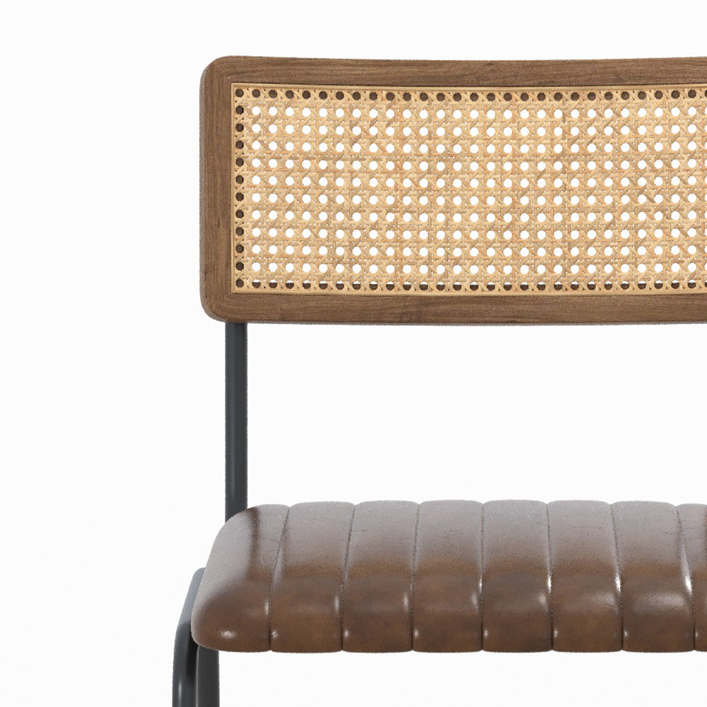 Arsène - Set of 2 Bar Chairs in Canework and Brown Leather