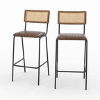 Arsène - Set of 2 Bar Chairs in Canework and Brown Leather