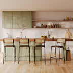 Arsène - Set of 2 Bar Chairs in Canework and Brown Leather