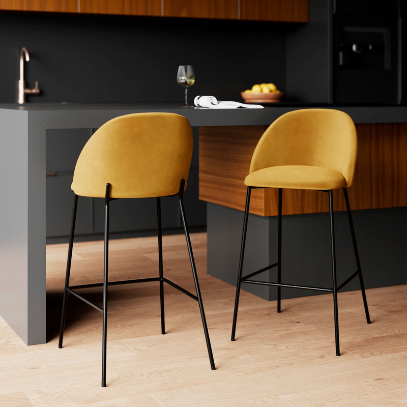 Chaise de bar Karl en velours jaune moutarde 66 cm (lot de 2)