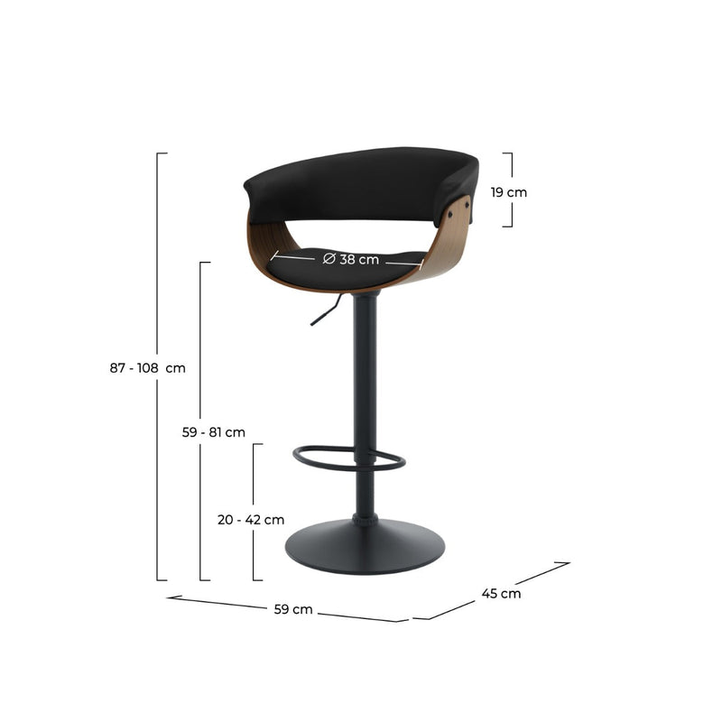 Chaise de bar noire Basile avec accoudoirs 59/81 cm