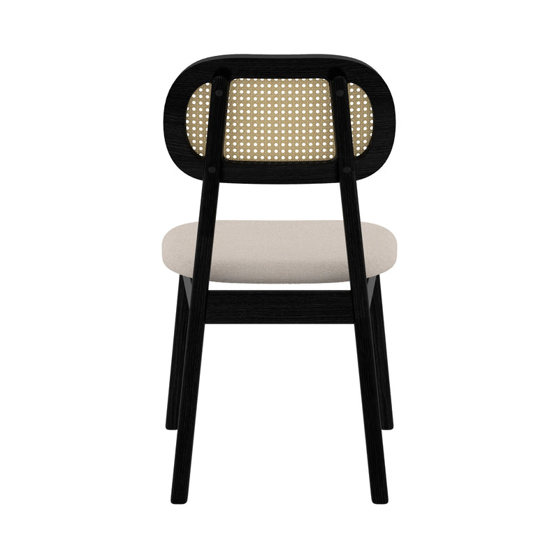 chaise en bois noir assise tissu beige dossier rotin maria