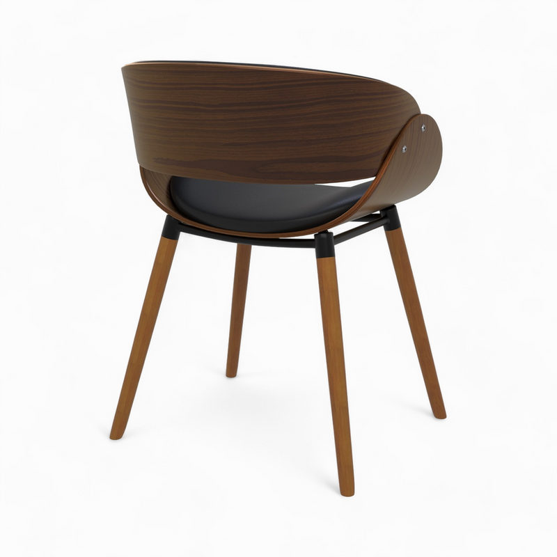 chaise en cuir synthetique noir polo et bois plaque noyer